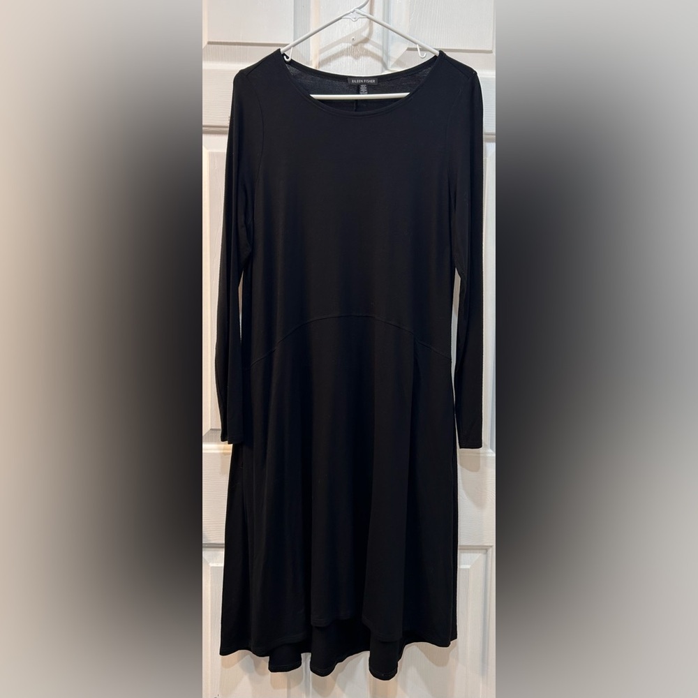 Eileen Fisher Black Jersey Knit Drop Waist Swing Dress Size M Long Sleeve Mature